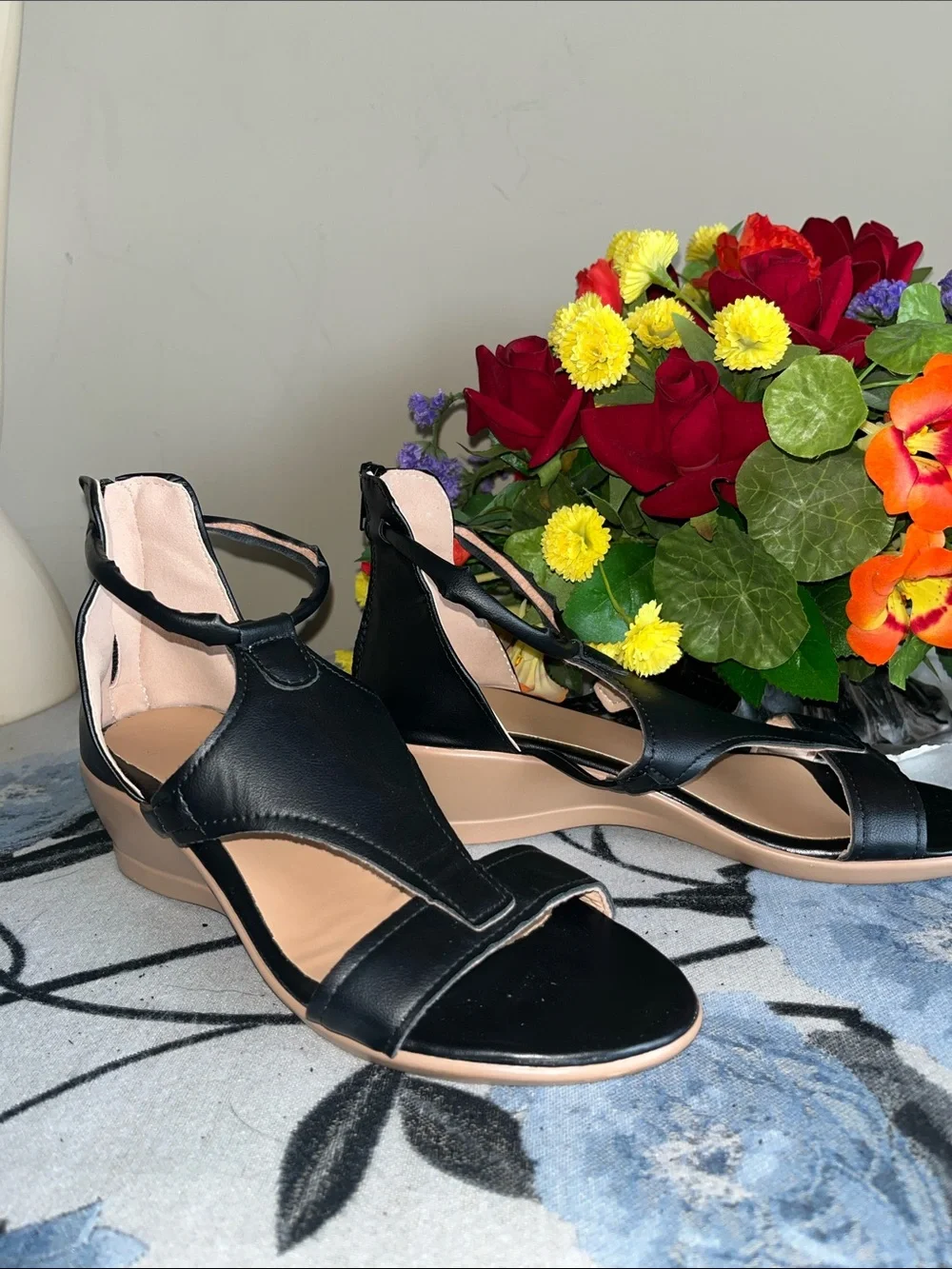 Women's Black Ankle-Strap Low Wedge Sandals
